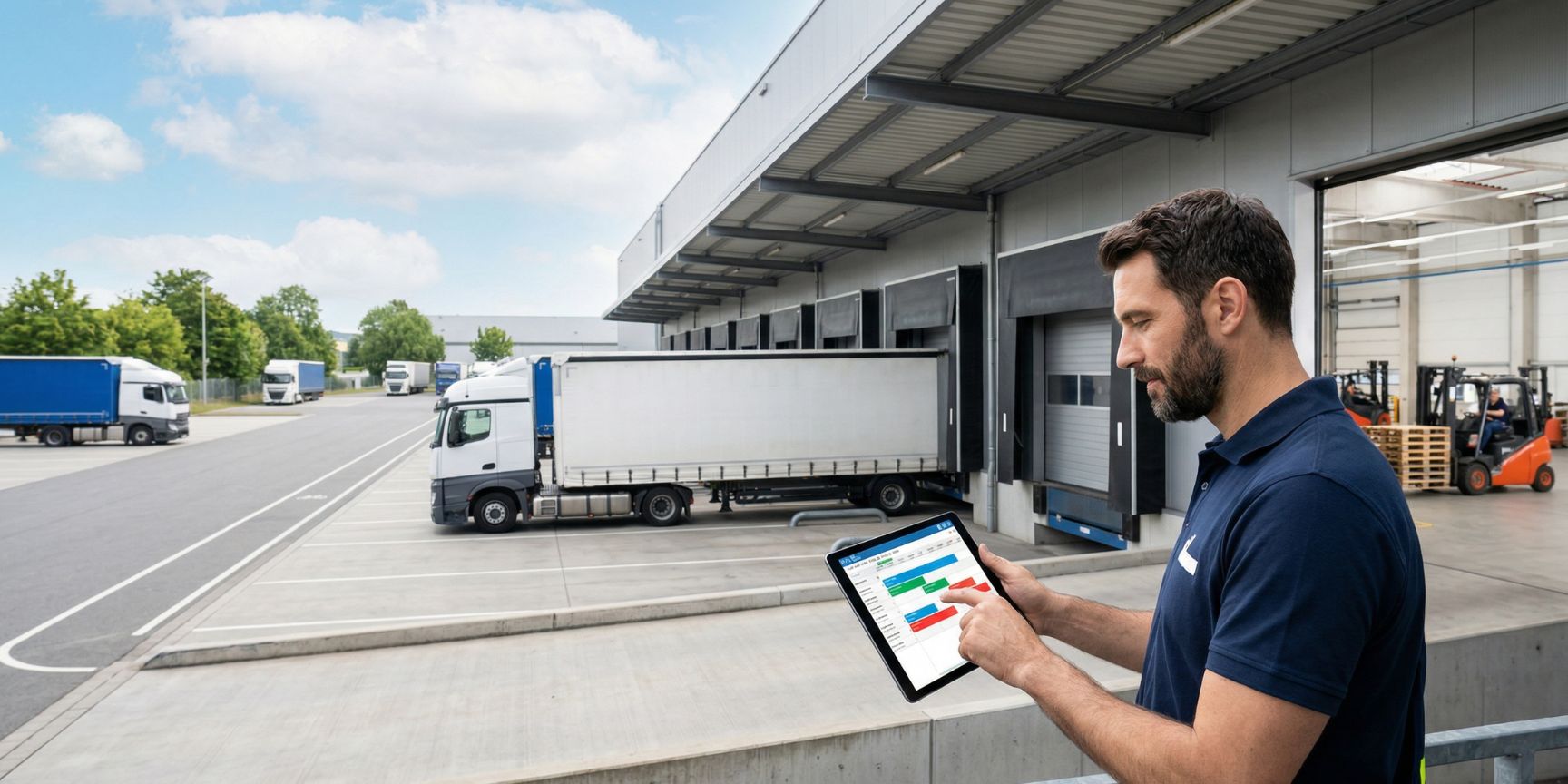 Photo of an employee with a tablet at the logistics terminal controlling truck unloading dates. Digital planning of time slots at loading docks in the warehouse.